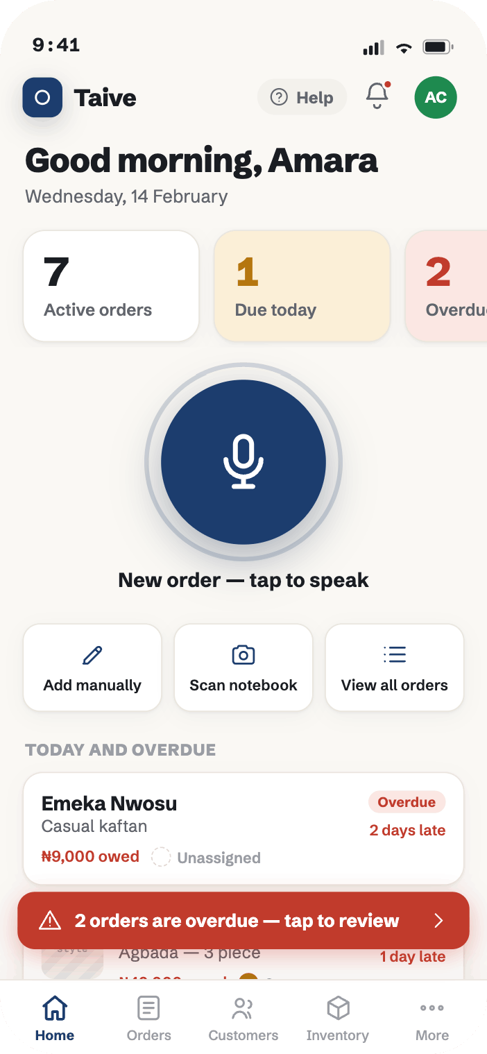 Taive home dashboard on a phone, with a big tap-to-speak microphone